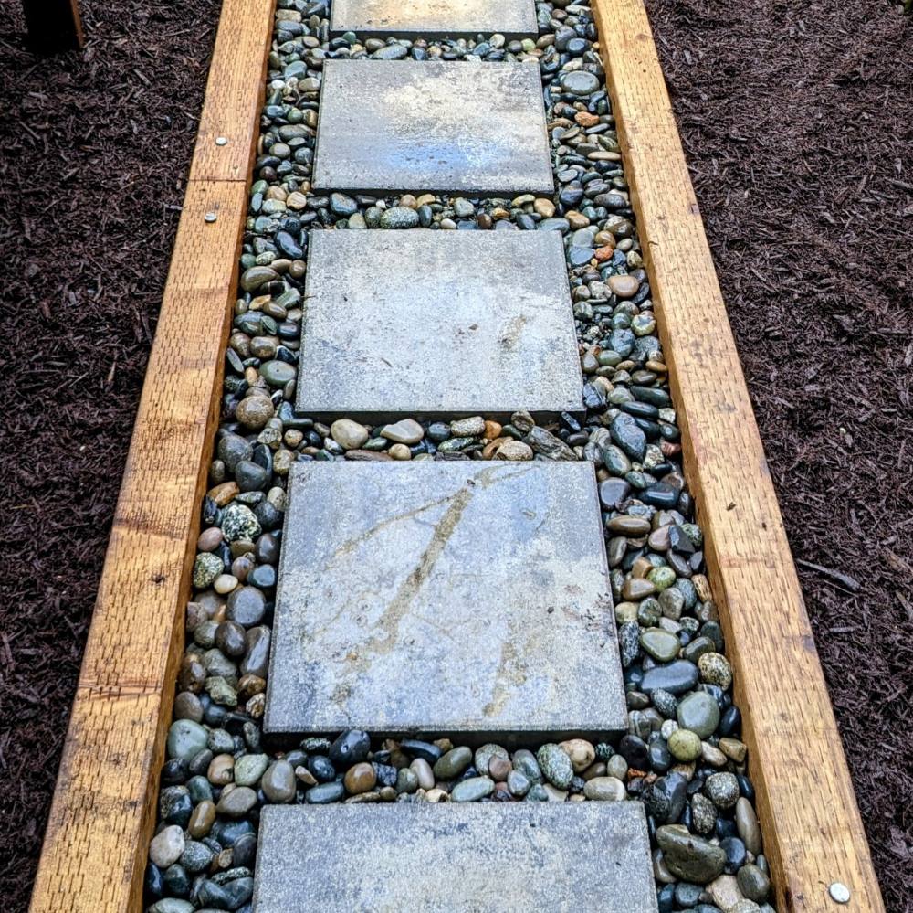 Paver with timber & river-rock border