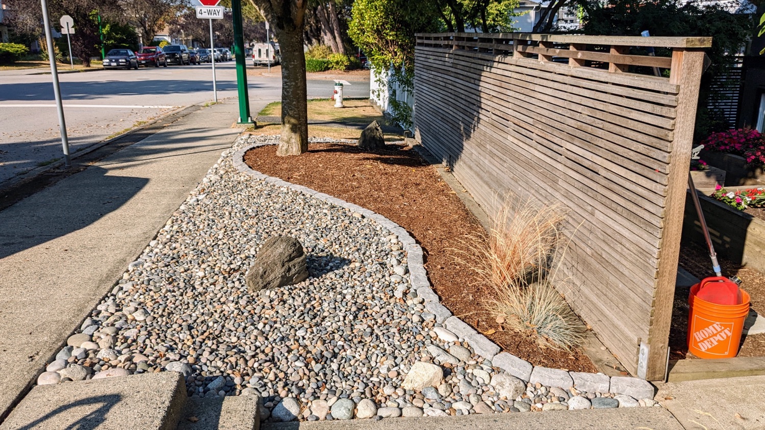 Curved river-rock bed