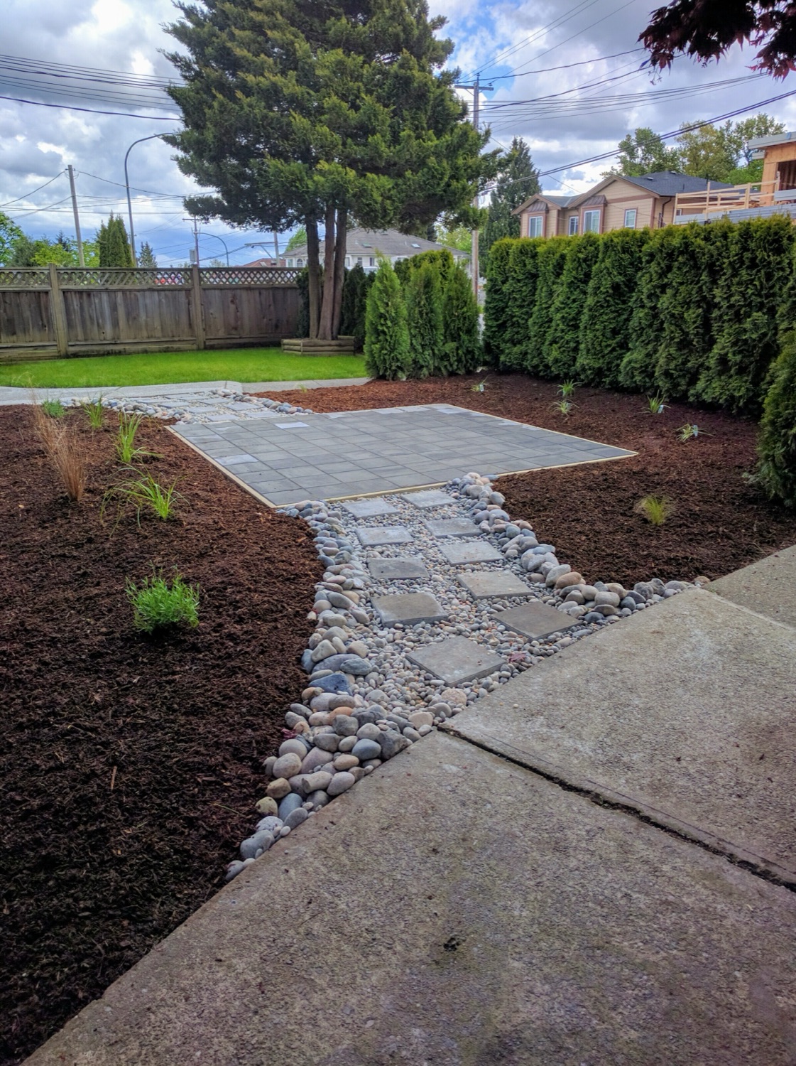 Red-mulch bed & river-rock path